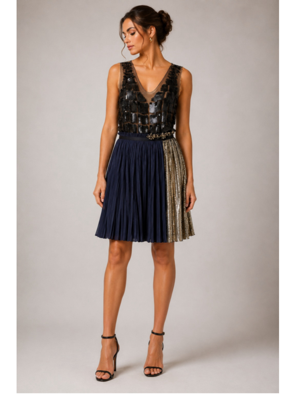 3.1 Phillip Lim Spring 2010 Silk Sequin Scallop Pleated Dress Black Beige Sz 2 N